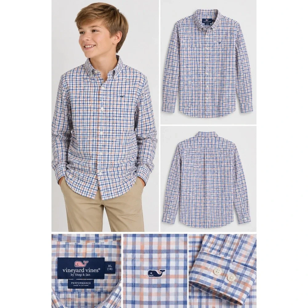 Vineyard Vines Shirt Boys XL Blue Peach Gingham Button Down Lightweight